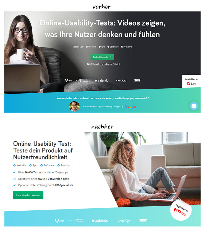our website before and after the successful A/B test