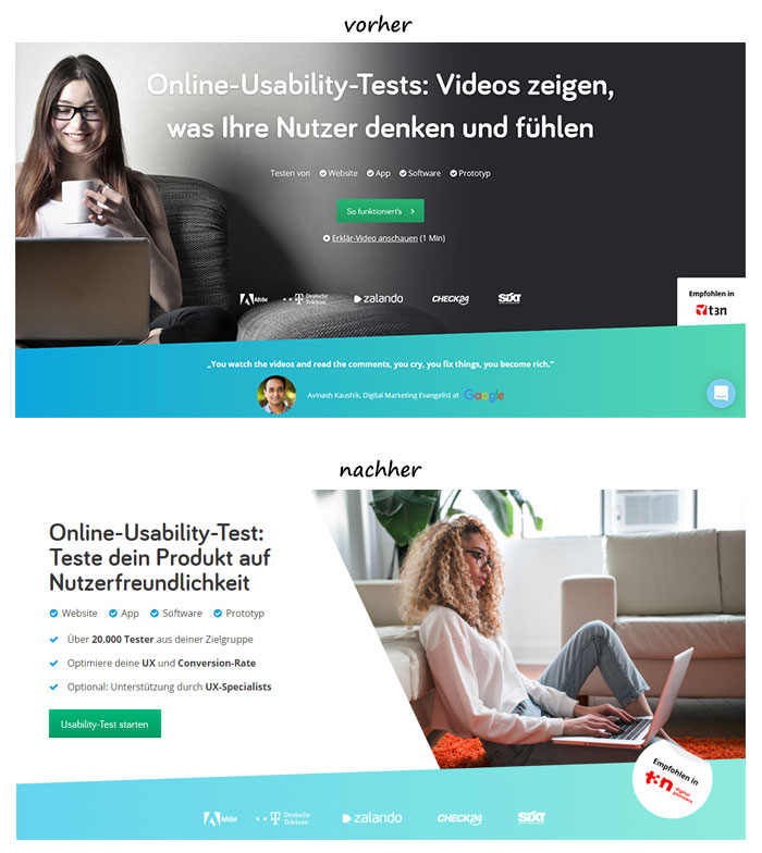unsere Website vor und nach dem erfolgreichen A/B-Test