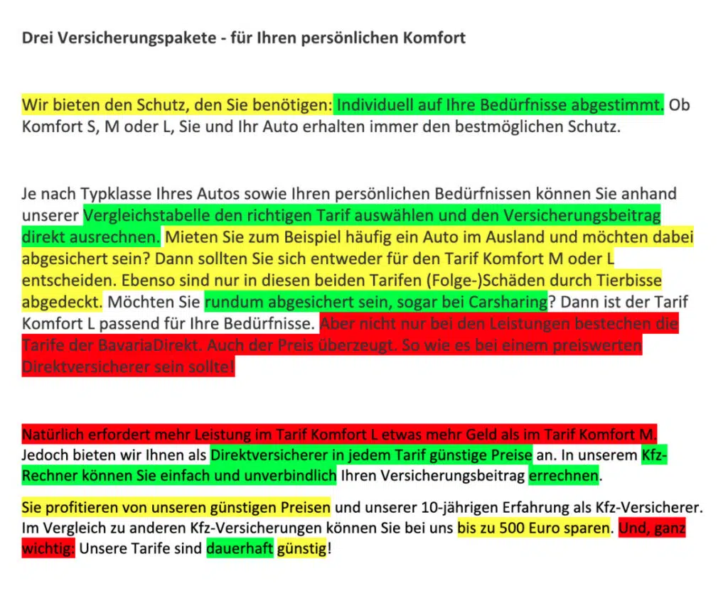 Beispiel Content-Testing Versicherung mit der Highlighting-Methode. Unterschiedliche Farben auf dem Text zeigen starke und schwache Textpassagen.