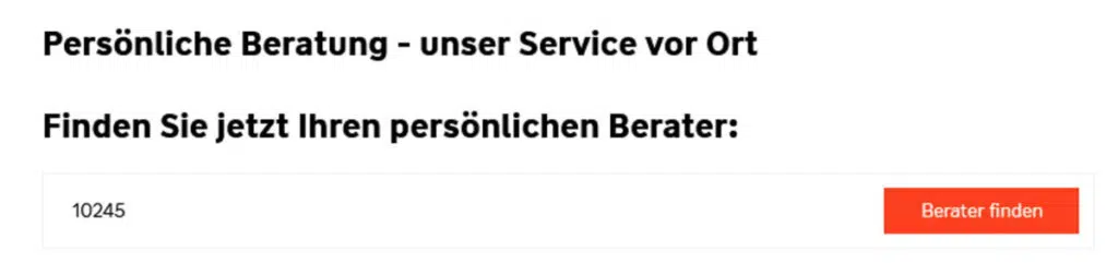 Design-Beispiel: Berater finden bei einer Bank. Suchmaske für Stadt und Call-to-Action Berater finden.