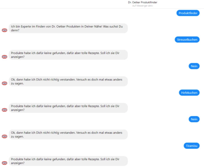 Der Chatbot von Dr. Oetker nennt sich zwar Produktfinder, findet aber Produkte wie Streuselkuchen, Hefekuchen oder Tiramisu nicht.