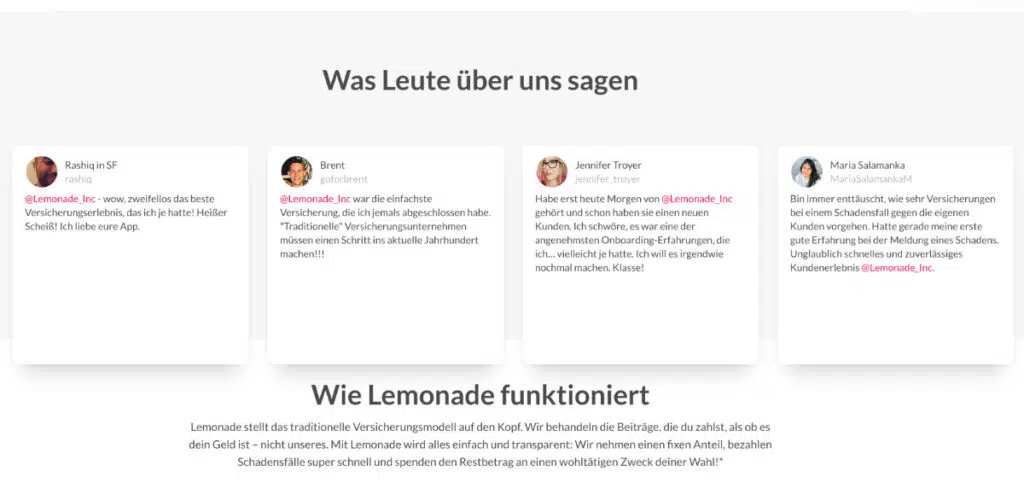 Gutes Social Proof Beispiel der Lemonade-Versicherung. Starke Kundenstimmen erzaehlen von ihren Erfahrungen mit der Versicherung.
