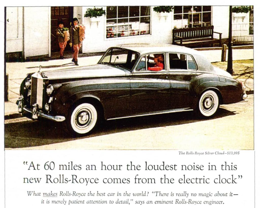 Bild alter Rolls-Royce. Darunter auf weißem Grund Text: 