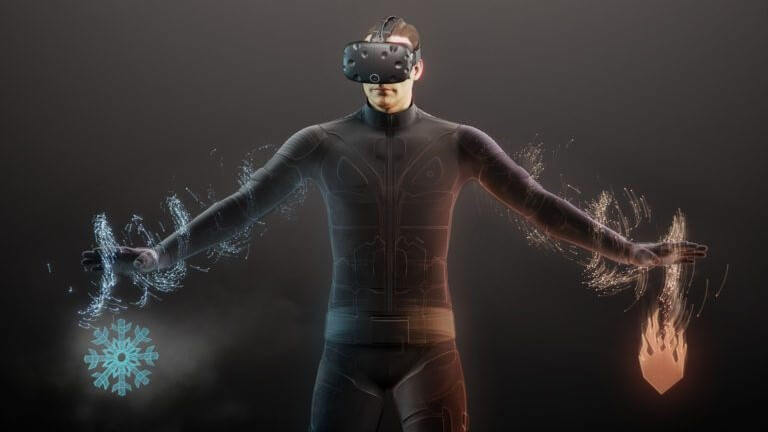 Menschlicher Avatar mit im 45 grad nach unten ausgestreckten Abend und VR Brille auf. Unter Linker Hand eine Flamme und unter der rechten eine Schneeflocke 