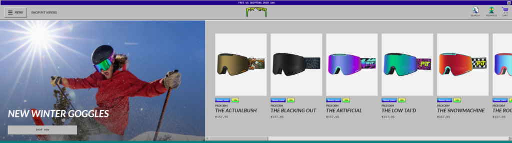 Bildschirmaufnahme der Seite Pit Vipers. Zeigt Ausschnitt aus dem Online Shop. Ein Drittel des Bildes wird links von einem Bild eingenommen, ein Skifahrer im Sprung, rechts davon eine Auswahl an Skibrillen.