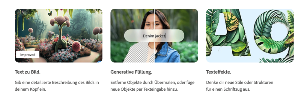 Bildschirmfoto eines Ausschnittes der Adobe Firefly Webseite. Hier werden mit Beispielbildern die Features 