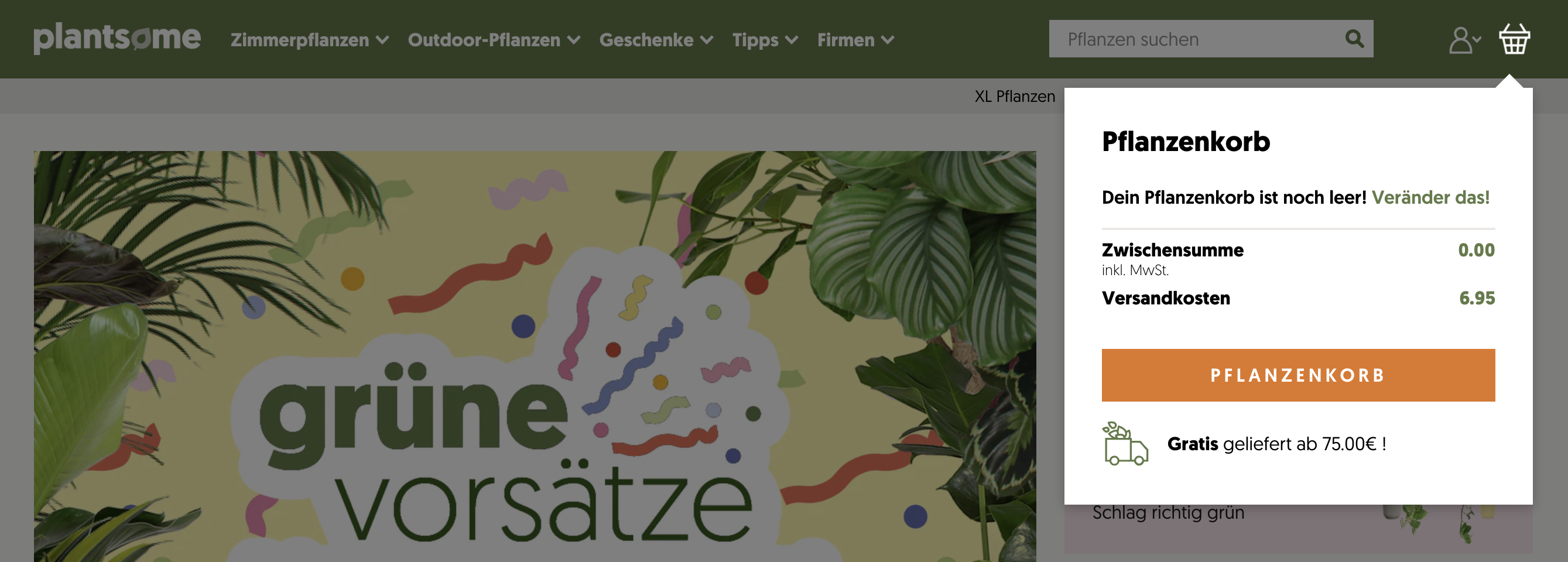 Screenshot von Plantsome mit deren Einkaufswagen-Flyout, der zeigt, dass der Einkaufskorb „Pflanzenkorb“ heißt.