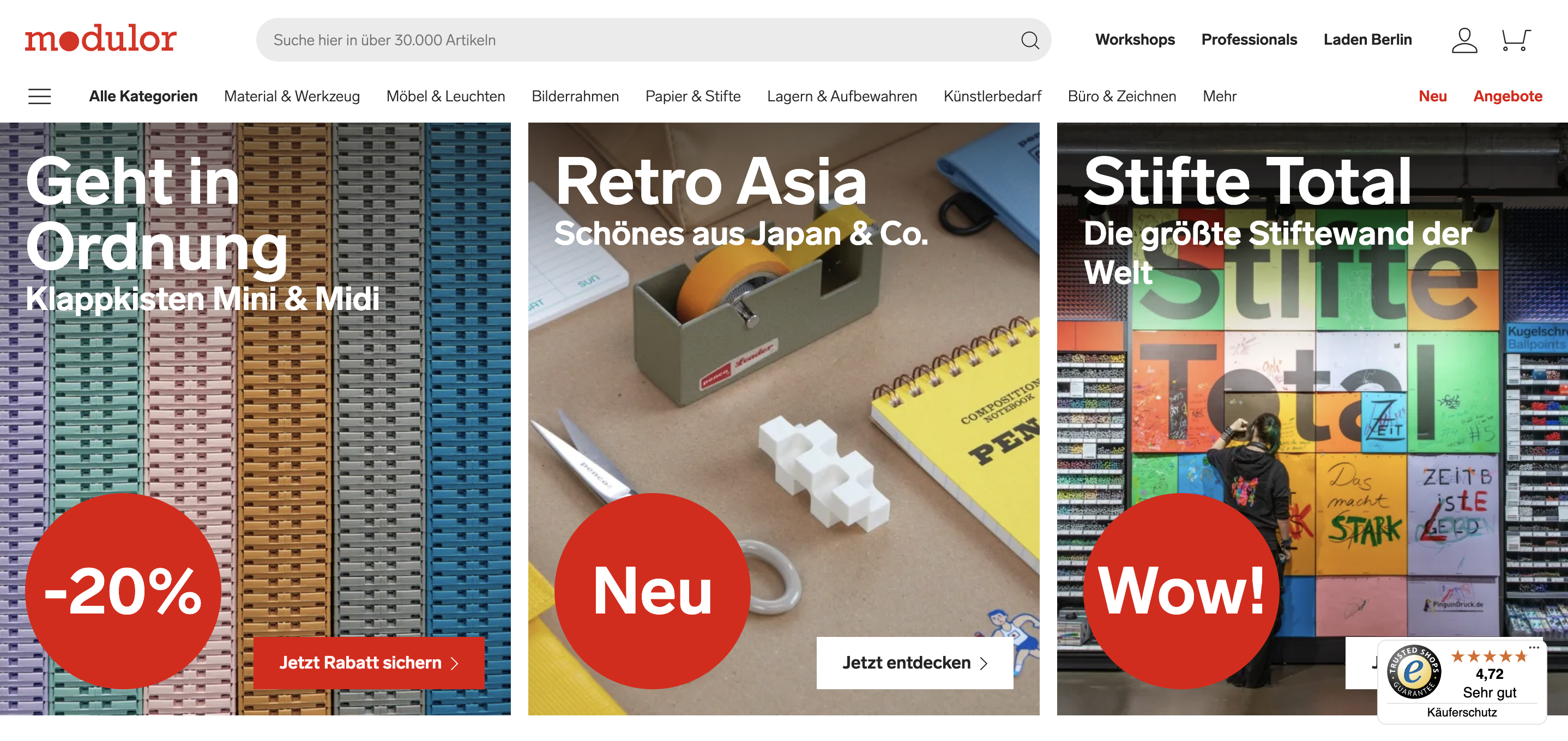 Screenshot der Modulor-Startseite mit bunten Bildern, aber minimalistischer Navigation